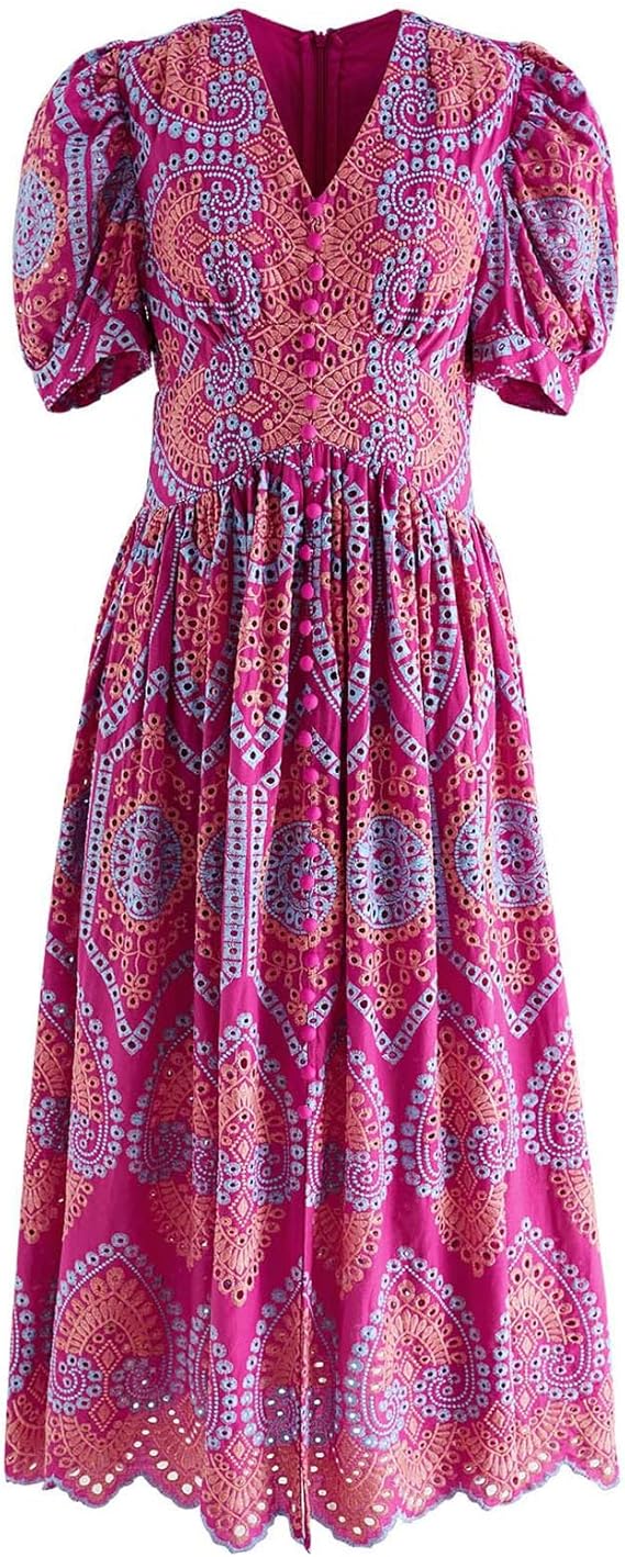 CHICWISH Women Eyelet Embroidery Midi Dress Short Bubble Sleeves V Neck Button Front Magenta Summer Cotton Dress with Slit