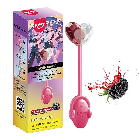 Amos Music Lollipop Candy, Audio Singing Lollipop with Korean Music, Individually Wrapped Wild Berry Flavor (1 Pack) | Unique Mother's Day & Holiday Gift for Music Lovers