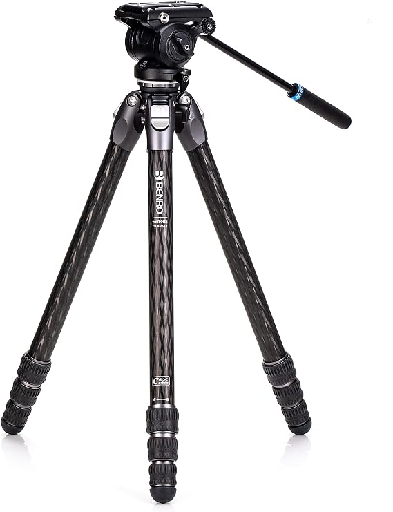 Benro Tortoise Columnless with Leveling Base Carbon Fiber Three Series Tripod with S4PRO Flat Base Video Head, 4 Leg Sections, Twist Leg Locks, Padded Carrying Case (TTOR34CLVS4PRO)