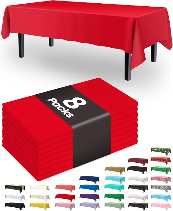 Pureegg Plastic Table Cloth Disposable 8 Pack 54 x 108 Inch, Red