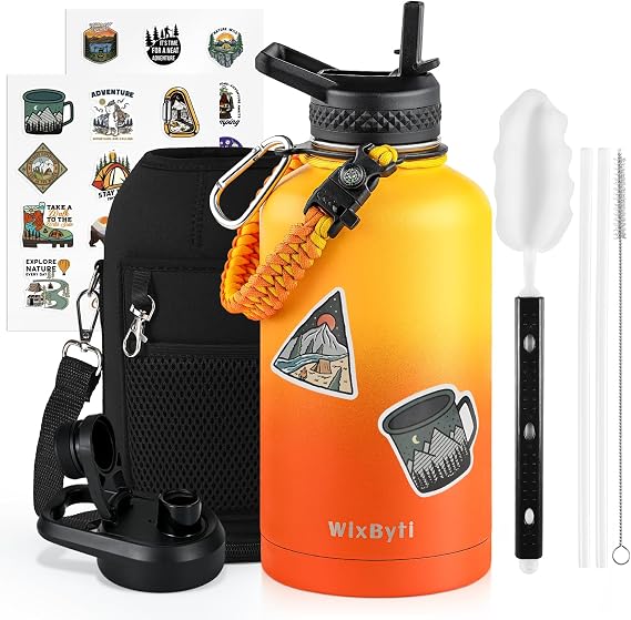 WixByti 64oz Insulated Water Bottle, Half Gallon Stainless Steel Water Jug | (Cold 48 Hrs), Triple Wall Vacuum, Leak-proof & Non-BPA, Large Sports Water Bottle with Straw Spout Lids & Paracord Handle