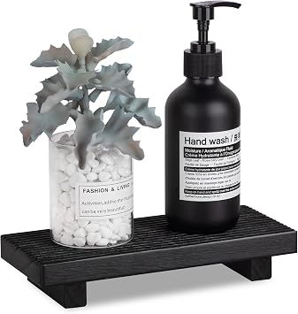 Bathroom Tray Farmhouse Decor Pedestal Stand Wood Riser Display Kitchen Accessories Soap Holder for Sink, Counter, Vanity, 8.7 * 3.6 Black