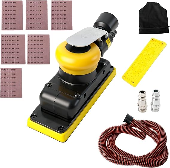 Pneumatic Random Orbital Sander, 70 mm x 198 mm 1/8" vacuum Air Sanderr, 10,000 Max OPM Dust Bag Style with Extra Hook-Loop Pad and 30pcs (80/120/180/240/320/400) Mesh Sandpapers