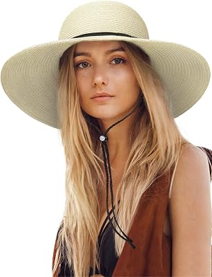Senker Fashion Sun Hats for Women, Wind Lanyard Wide Brim Straw Hat for Summer Beach Garden Vacation Foldable UPF 50