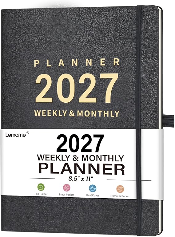 Planner 2026-2027 - 8.5" x 11" 2026-2027 Planner Weekly and Monthly, July 2026 - June 2027, Faux Leather Cover, Pen Holder, Pocket, 25 Notes Pages, A4 Premium Paper - Gray