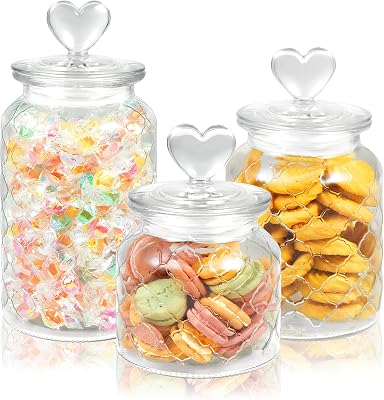 Rainmae 3 Pcs Heart Candy & Cookie Jars with Lids, 22 32 45 oz Cute Heart Shaped Airtight Food Storage Glass Cookie Containers for Kitchen Decorative Apothecary Canisters Clear