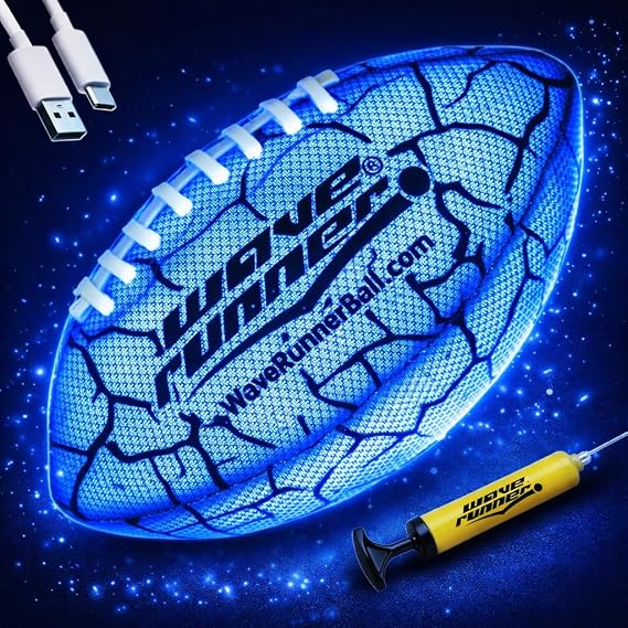 Wave Runner Light Up Football for Kids, Glow in The Dark LED Football, Rechargeable Football, Junior Size Waterproof Football Toy, Outdoor Football Gifts for Boys 8-12