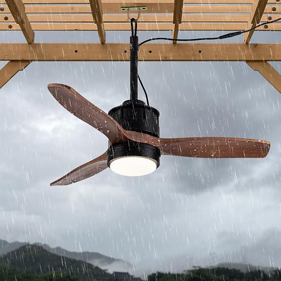 32 Inch Outdoor Plug In Ceiling Fan with Lights for Gazebo Waterproof with Hook, DC Motor w 6-Speeds, Walnut