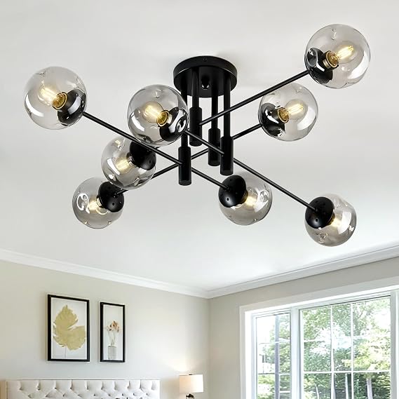 8 Light Glass Globe Ceiling Light Black Mid Century Flush Mount Sputnik Light Fixture Bubble Chandelier Living Room Farmhouse for Dining Room Kitchen Bedroom.