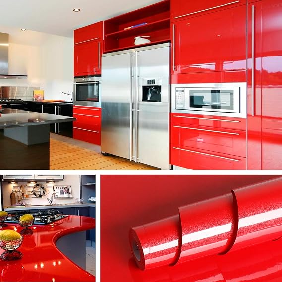 Livelynine Red Contact Paper Self Adhesive Wall Paper Decorations Peel and Stick Wallpaper Kitchen Cabinets Countertops Appliances Glossy Red Vinyl Wrap Removable Waterproof Shelf Liners 15.8x78.8