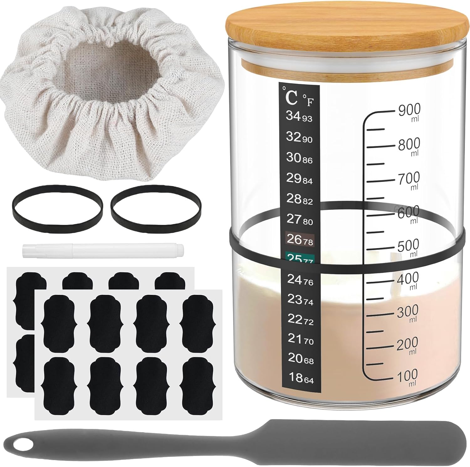 10Pcs Sourdough Starter Jar Kit 900ml Heat Resistant Sourdough Starter Container with Lid Spatula Reusable Wide Mouth Glass Sourdough Fermentation Jar for Sourdough Baking