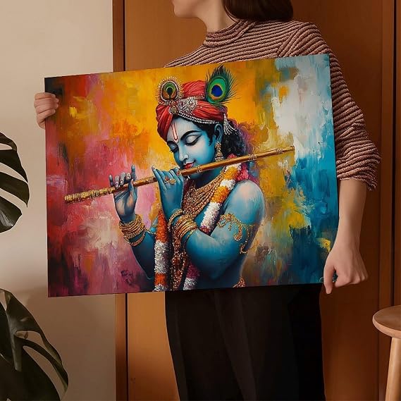 9W Lord Krishna With Flute Canvas Poster Art Print Indian Hindu God Painting Lord Krishna Wall Art For Room Office Decor