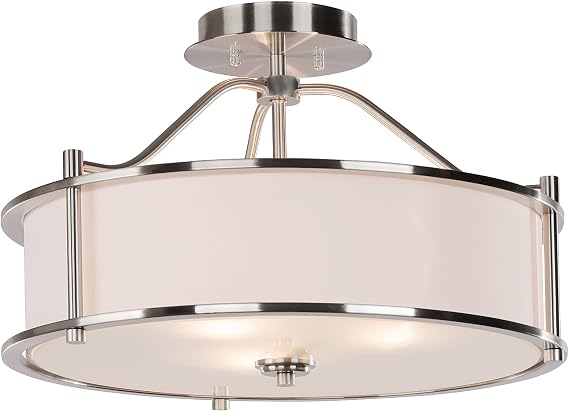 XiNBEi Lighting Semi Flush Mount Ceiling Light 18 inch 3 Light Close to Ceiling Light with Fabric Shade and Glass Diffuser, Brushed Nickel Drum Semi Flush Light for Dinning & Bedroom XB-SF1199-BN