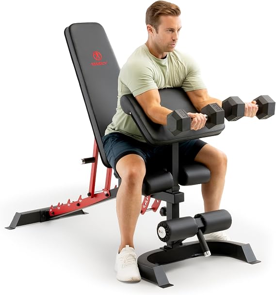 Marcy Adjustable Weight Bench for Home Gym, Heavy-Duty Workout Bench Press with 7-Position Backrest, Incline Decline Flat, Preacher Curl Pad, Leg Anchor, Full Body Strength Training Equipment SB-7799