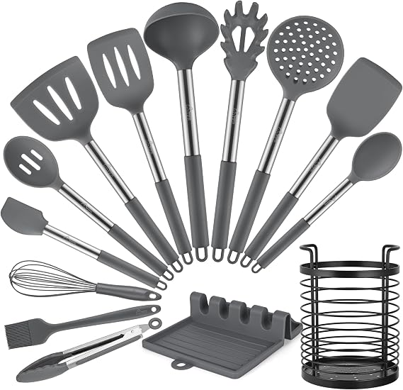 HOTEC Silicone Kitchen Cooking Utensils Set,14pcs Grey