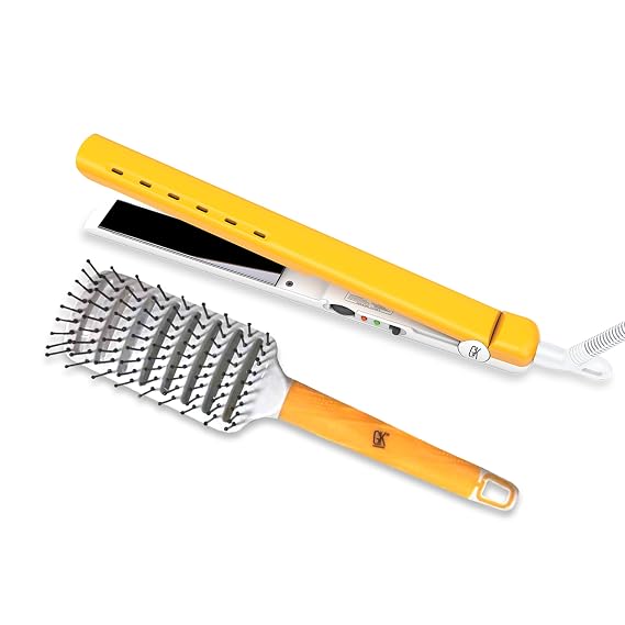 GK Hair Titanium Flat Iron D700 & Vented Brush Set 360 Swivel, Auto Shutoff, Wet & Dry Straightener with 2.5inch Vent Brush for All Hair Types