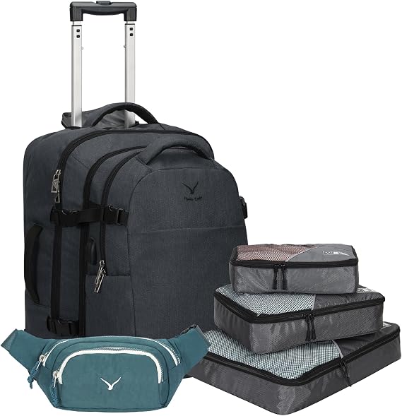 Hynes Eagle 2 in 1 Travel Backpack 22 inches Carry on Luggage 63L Rolling Backpack for Men Women with Packing Cubes 3PCS Set Grey Waist Pack Green