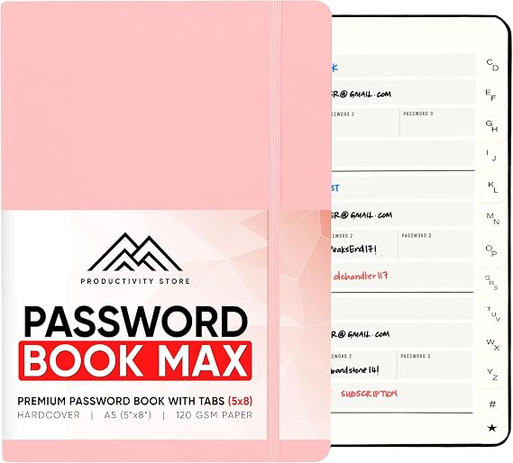 PRODUCTIVITY STORE Best Password Book With Alphabetical Tabs | Password Book, Organizer & Notebook | Password Keeper To Keep Website Logins & Passwords Safe | Black | Medium 5x8
