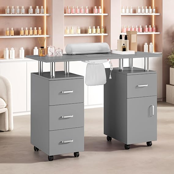 Manicure Table Nail Desk, Nail Station with Electric Dust Collector, Wrist Rest and Storage Drawers Cabinet, Beauty Salon Workstation for Nail Tech, Grey