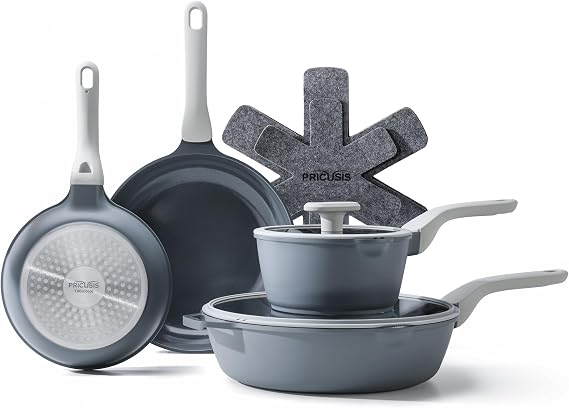 PRICUSIS Ceramic Nonstick Pots and Pans Set, 9 Pieces Non Toxic Induction Cookware Set, PTFE PFOA & PFAS Free, Dishwasher Safe, Stay Cool Handle, Gray
