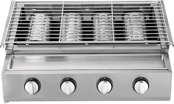 Indoor/Outdoor Gas Grill with Grid, Small 4 Burners Stainless Steel Electric Grill, Portable BBQ, Tabletop Barbecue Stove - Options for Cookouts, Barbecues, Small Spaces, Silver