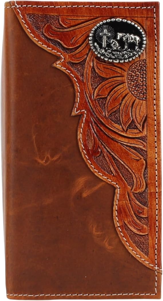 American Bison Tooled Side Rodeo Wallet with Conchos Oil Pull Up Durable, Stylish & RFID Protected (Kneeling Cowboy, Tan)