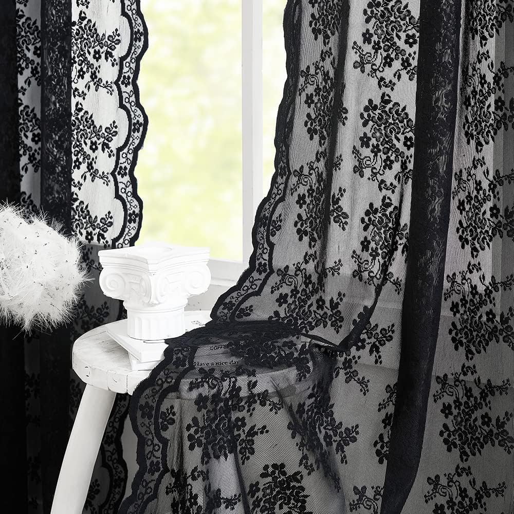 YJ YANJUN Black Voile Curtains 54 drop Gothic Net Curtains for Window Lace Window Drapes for Bedroom Kitchen Halloween Decor 2 Panels 52 W x 54 L Inch132cm x 137cm
