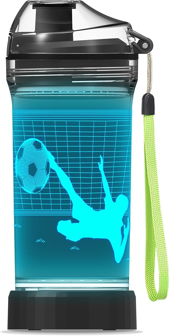 YuanDian Soccer Gifts, Light Up Kids Water Bottle with 3D Soccer Illusion Lamp- 14 OZ Tritan BPA Free - Cool Drinking Cups Gift for School Kids Boy Child Sport Lovers