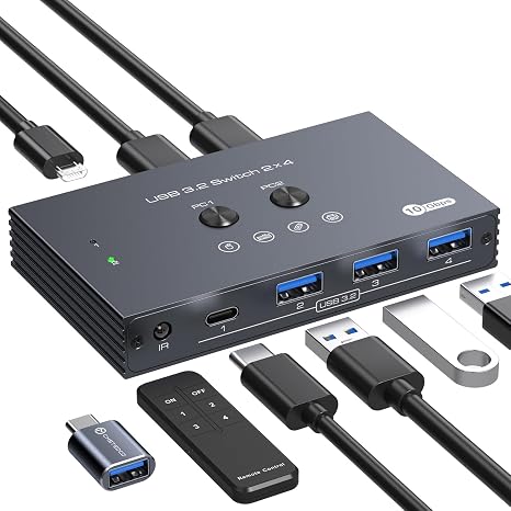 USB 3.2 Switch 2 Computers Share 4 USB Devices with IR Remote 4 Port Hub USB KVM Control 10Gbps Data Sharing for Keyboard Mouse Printer Scanner