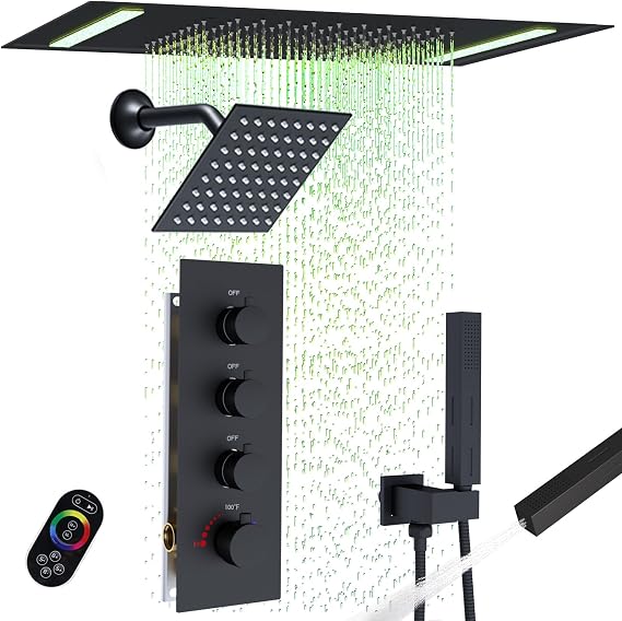 Thermostatic Shower Faucet Set System Dual Showerheads Can Run Together | 20x14inch LED Rainfall Modern Shower System with 6Inch Tilt Shower and 2-in-1 Handheld Shower, Matte Black