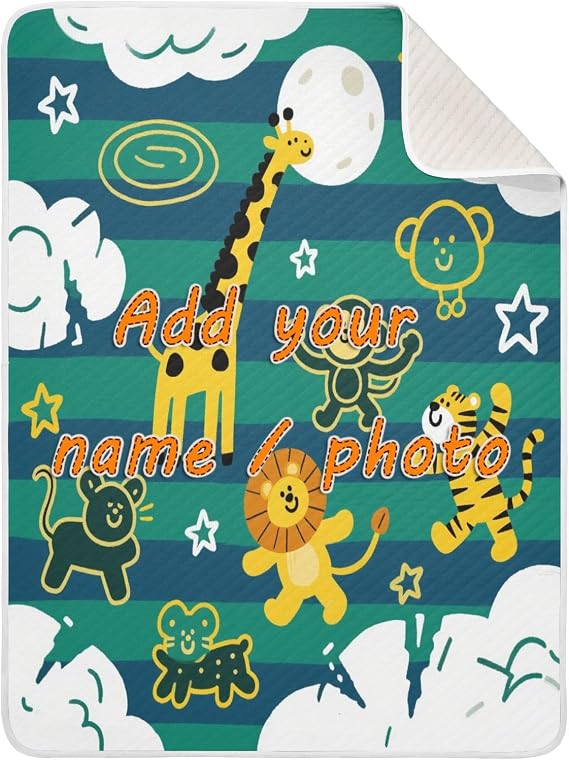 Custom Funny Giraffe Monkey Stripe Green Blue Baby Blankets Breathable Personal Dog Blankets with Names on for Newborns, Infants, Toddlers 30x40in cositas para Bebes recien nacidos