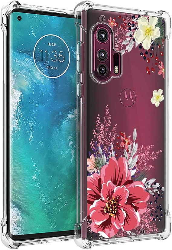 Osophter for Moto Edge Plus Case Clear Moto Edge+ Case Transparent Reinforced Corners TPU Shock-Absorption Flexible Cell Phone Cover for Motorola Moto Edge+(Red Flower)