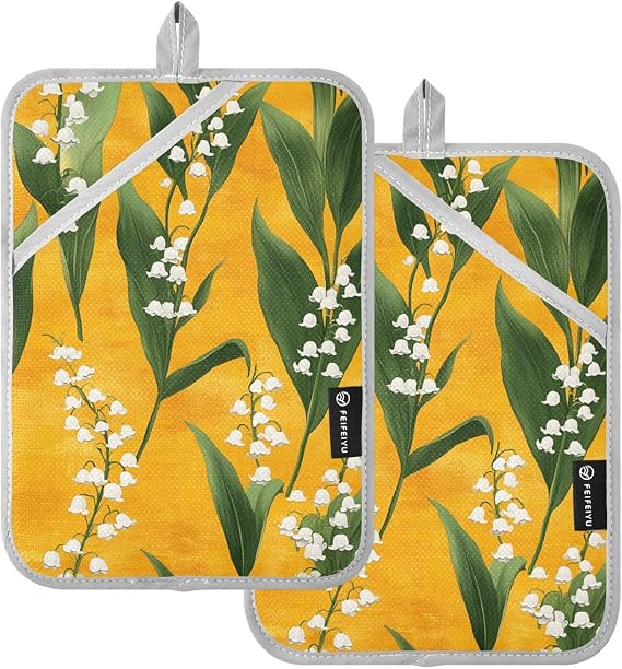 Sweet Lily of The Valley Flower Gold Designed Pot Holders Heat Resistant Hot Pad Holder with Pockets Oven Pads 2 Pack