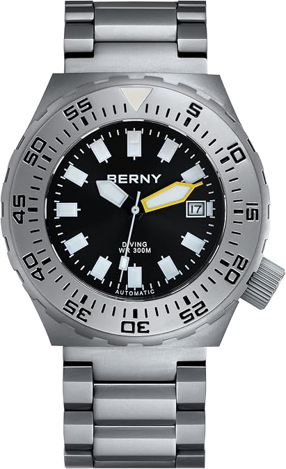 BERNY Dive Watch for Men Sports Diving Wristwatch with Screw-in Crown 30ATM Waterproof Sapphire Glass Solid Stainless Steel Bracelet Automatic Mechanical Pro Diver Watches Super Luminous