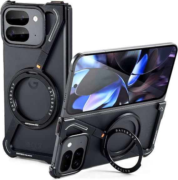 OATSBASF Minimalist Phone Case for Google Pixel 9 Pro Fold, 360 Rotation Kickstand Aluminum Metal Frameless Design Bumper Z Case, Protective Shock Grade Shell, Black