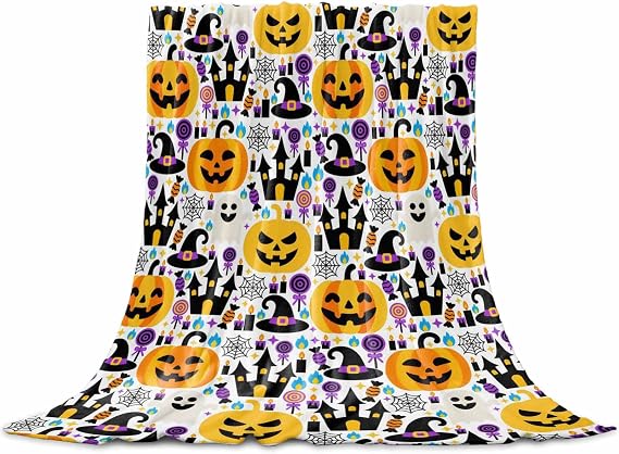 Flannel Fleece Blanket 60" x 80", Halloween Microfiber Cozy Soft Throws for Women, Cute Ghost Pumpkin Candy Castle Cartoon Lightweight Throw Blankets for Couch, Sofa, Bed, Living Room, Bedroom
