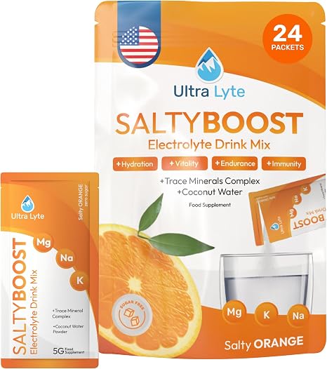 Ultra Lyte Electrolytes Drink Mix Sachets - Sugar-free Electrolyte Powder with High Sodium Trace Mineral and Coconut Water - Rehydration for Fitness (24 Bags Salty Orange)