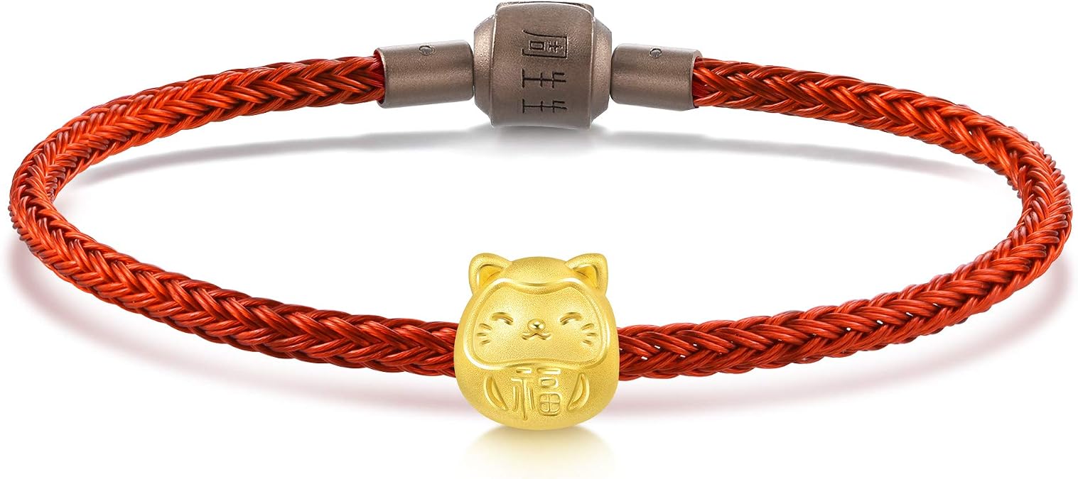CHOW SANG SANG 999 24K Gold Charme Lucky Cat Daruma Doll Mini Charm Bracelet for Women 92310C