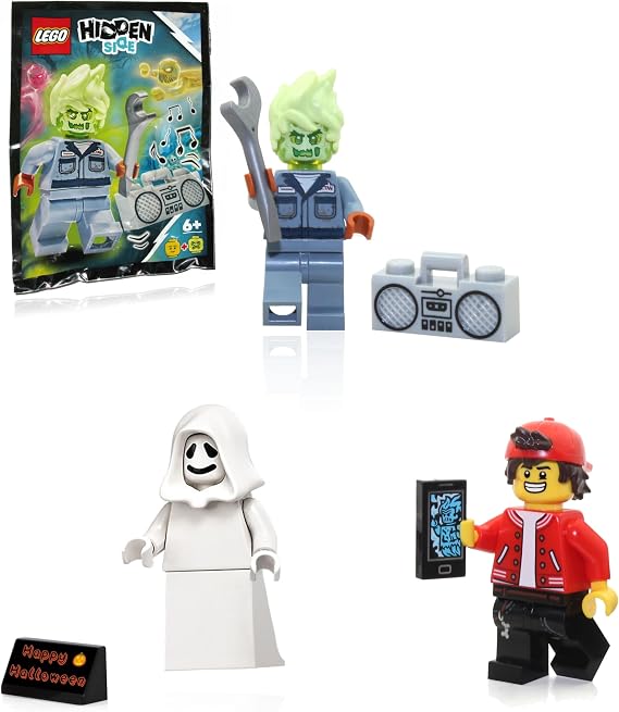 LEGO Hidden Side Minifigure Combo Pack - Jack Davids (Backwards Cap), Possessed Mechanic Zombie (Scott Francis) with Alternate Head, and Ghost with White Hood and Halloween Display