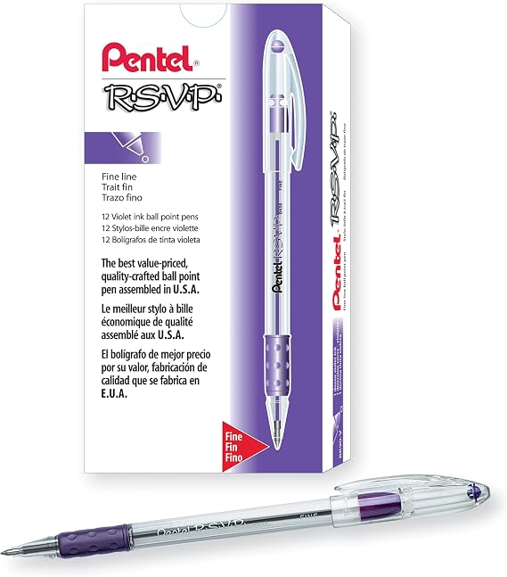 Pentel RSVP Ballpoint Pen, (0.7mm), Fine Line, Violet Ink, Box of 12 (BK90-V)