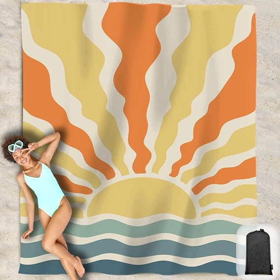 Beach Blanket Waterproof Sandproof Oversized 95x 80,Sand Free Beach Mat with Corner Pockets,Portable Mesh Bag for Beach Festival,Picnic,Travel and Outdoor Camping (Sunriseatsea)
