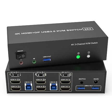KVM Switch 3 Monitors 2 Computers 4K@60Hz, 2 HDMI+Displayport KVM Switch Triple Monitor for 2 Computer Share 3 Monitor, Audio Mic Port and 3 USB3.0 Devices, Wired Remote and 5V Power Adapter