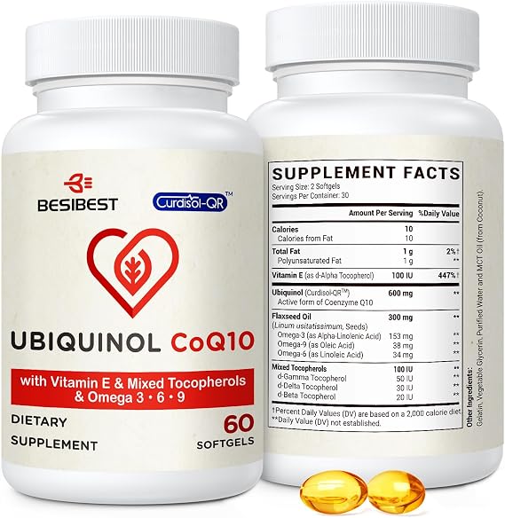 Besibest Ubiquinol CoQ10-600mg-Softgel, Active Coq10 Ubiquinol Supplement with Vitamin E & Omega 3, 6, 9, High Absorption-Coenzyme-Q10, Powerful Antioxidant for Energy Production, Tested, 60 Count