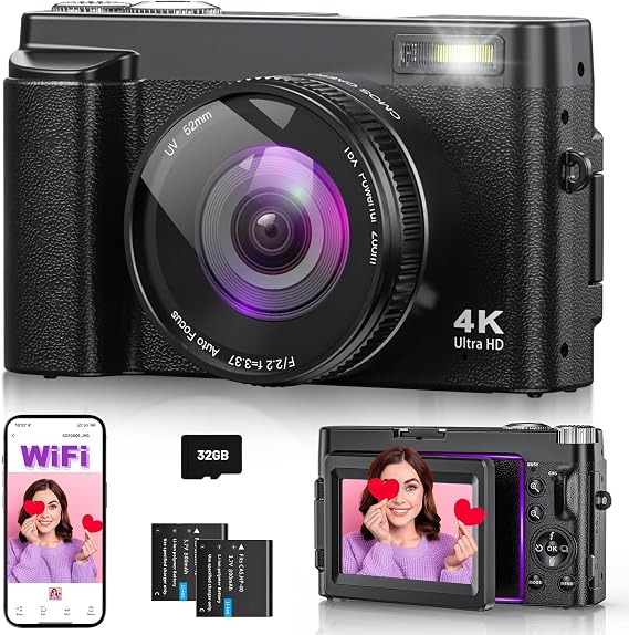 4K 64MP Digital Camera with WiFi 16X Digital Zoom 180° Flip Screen Autofocus Vlogging Camera with Selfie WiFi Compact Camera with 32GB Card and 2 Batteries for Beginners