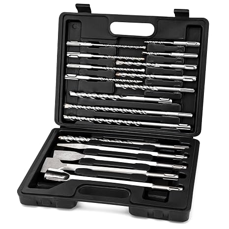 17Pcs Rotary Hammer Drill Bits & Chisels, SDS Plus Bits, Carbide-Tipped Masonry SDS-Plus Rotary Hammer Drill Bits and Chisel Set for Concrete Brick Stone and Other Masonry Construction Materials