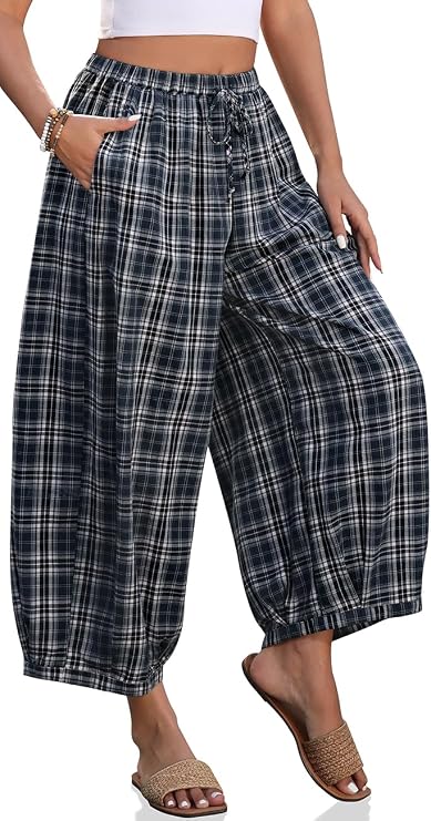 TARSE Women's Plaid Cotton Linen Wide Leg Pants with Pockets