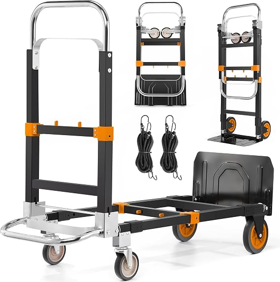 3-in-1 Convertible Hand Truck, Heavy Duty 600LBS Folding Dolly Cart | Foldable Cart with Expandable Base, Silent Rubber Wheels, Telescopic Handle & Bungee Cords for Warehouse, Office (Orange)