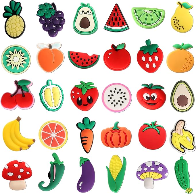 Fruits Shoe Decoration Charms, 30PCS Fruit Vegetables Theme Charms for Shoe Wristband, Cherry Pineapple Eggplant Pepper Shoe Charms for Party Favors Birthday Gifts