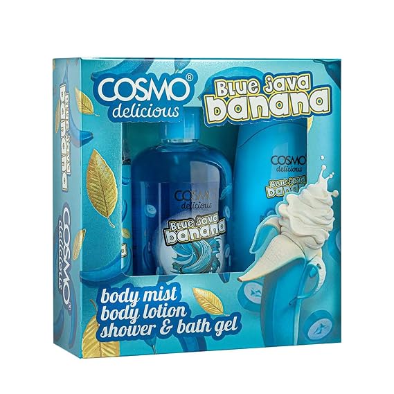 Cosmo Skin Care Delicious Blue Java Banana Sundae 3 Pieces Gift Set For Women & Men, 150ml Fragrance Mist, 350ml Aloe Vera Shower Gel, 200ml Shea Butter Body Lotion, Creamy Banana Fragrance