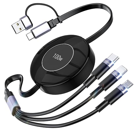 100W Multi Charging Cable, 3-in-1 Retractable USB-C/A to Lightning/USB-C/Micro Fast Charger Cord for Multiple Devices, for iPhone 17 16 15, Samsung, MacBook, iPad (Black)